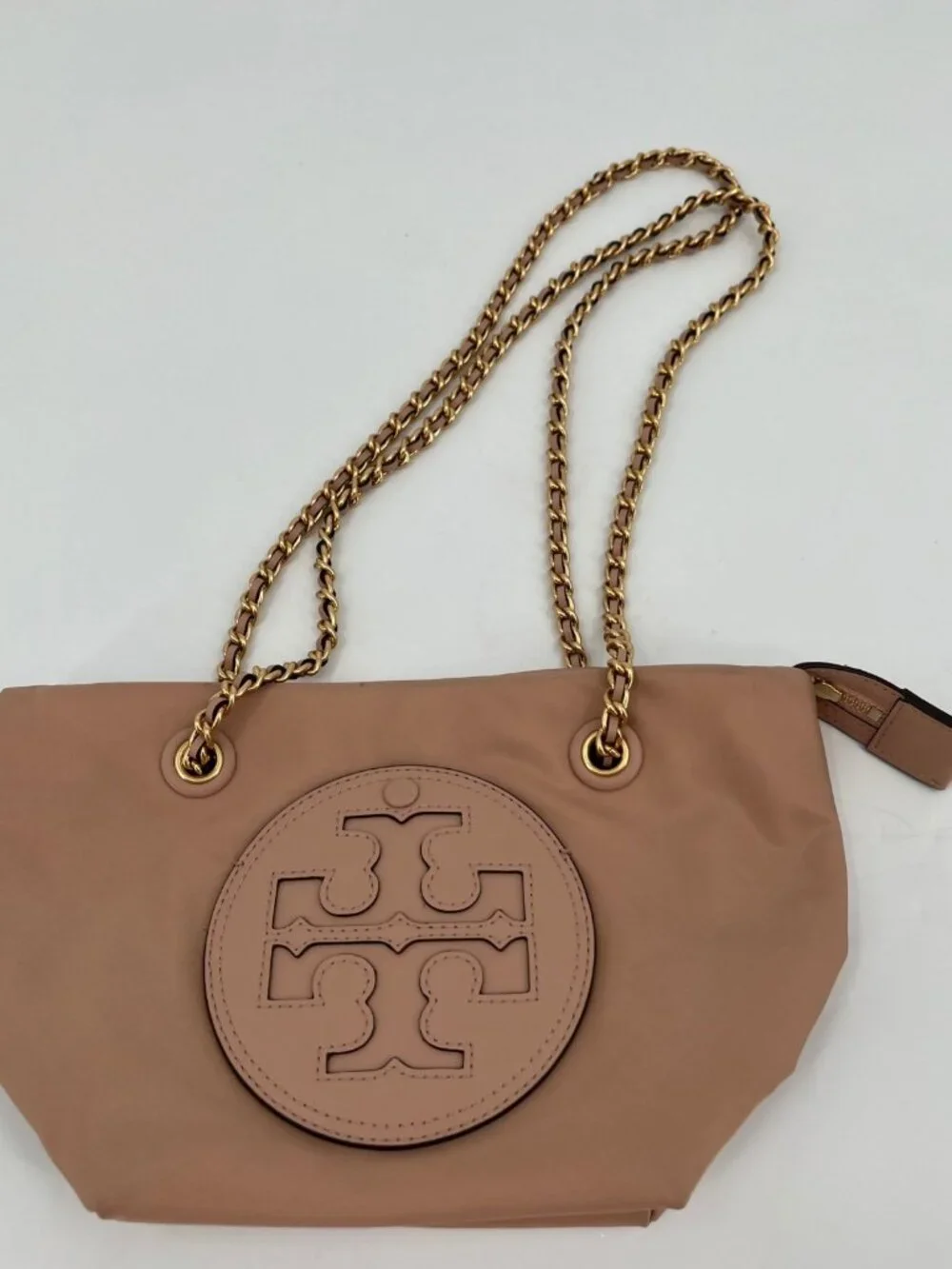 Tory Burch Ella Small Chain Crossbody Pink Sand Nylon Zip Tote Gold Logo Bag